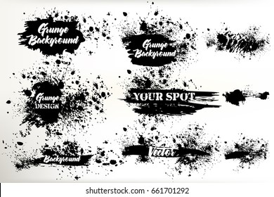Collection of vector grunge ink spots for design. Shabby and inked backgrounds, strokes