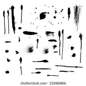 Collection of vector grunge strokes, spray stains and other design elements.