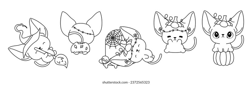 Collection of Vector Halloween Abyssinian Cat Outline. Set of Isolated Halloween Cat Coloring Page. 