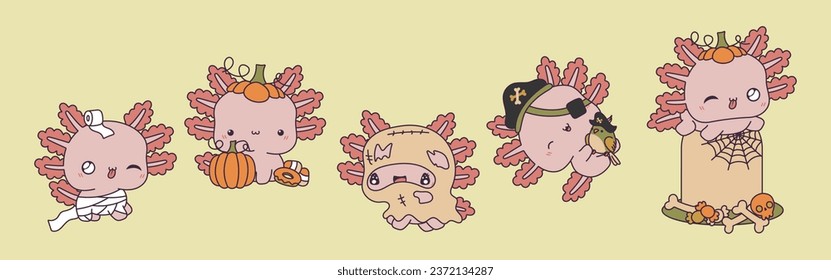 Collection of Vector Halloween Axolotl Art. Set of Isolated Halloween Reptile Animal Illustration.