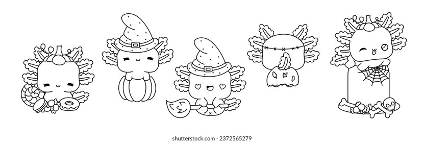 Kollektion von Vector Halloween Axolotl Outline. Set von isolierter Halloween Reptilienfarbseite. 