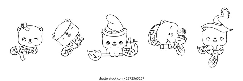 Collection of Vector Halloween Beaver Outline. Set of Isolated Halloween Forest Animal Coloring Page. 