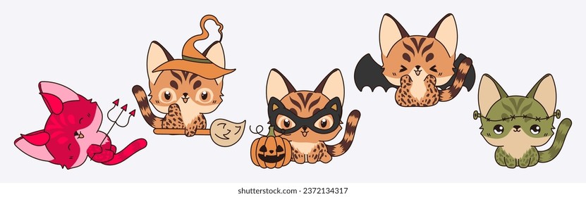 Collection of Vector Halloween Bengal Cat Art. Set of Isolated Halloween Cat Illustration. 