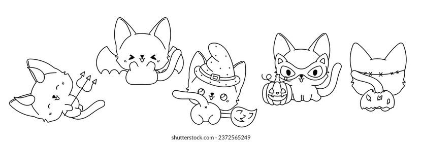 Collection of Vector Halloween Bengal Cat Outline. Set of Isolated Halloween Cat Coloring Page. 