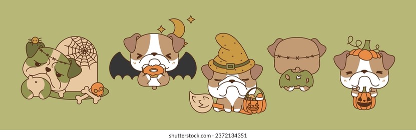 Collection of Vector Halloween Bulldog Dog Art. Set of Isolated Halloween Animal Illustration. 