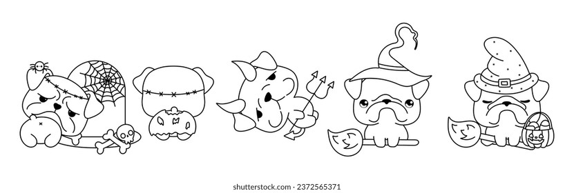 Collection of Vector Halloween Bulldog Dog Outline. Set of Isolated Halloween Animal Coloring Page. 