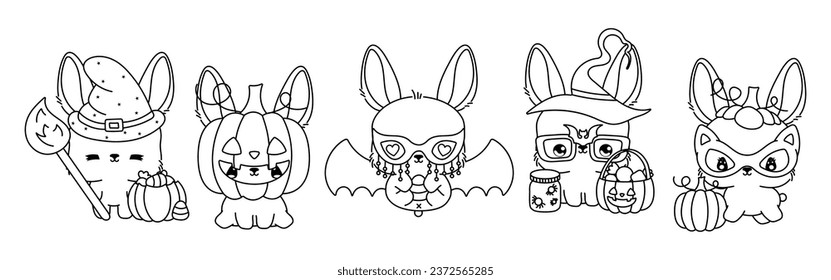 Collection of Vector Halloween Bunny Outline. Set of Isolated Halloween Rabbit Coloring Page. 