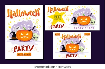 Collection of vector halloween cards. Halloween night party poster, placard, banner design set. Cartoon style. Halloween background and elements design.