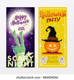 Collection of vector halloween cards. Halloween night party poster, placard, banner design set. Cartoon style. Halloween background and elements design.