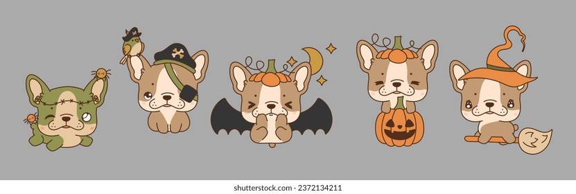 Collection of Vector Halloween French Bulldog Dog Art. Set of Isolated Halloween Puppy Illustration. 