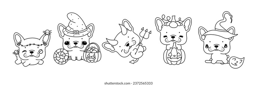 Collection of Vector Halloween French Bulldog Dog Outline. Set of Isolated Halloween Puppy Coloring Page. 