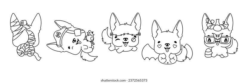 Collection of Vector Halloween German Shepherd Dog Outline. Set of Isolated Halloween Puppy Coloring Page. 