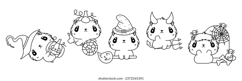 Collection of Vector Halloween Guinea Pig Outline. Set of Isolated Halloween Animal Coloring Page. 