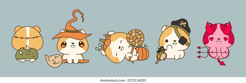 Collection of Vector Halloween Hamster Art. Set of Isolated Halloween Animal Illustration. 
