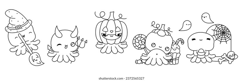 Collection of Vector Halloween Octopus Outline. Set of Isolated Halloween Marine Animal Coloring Page. 