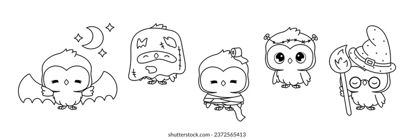 Collection of Vector Halloween Owl Outline. Set of Isolated Halloween Forest Bird Coloring Page. 