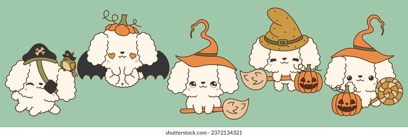 Collection of Vector Halloween Poodle Dog Art. Set of Isolated Halloween Puppy Illustration. 