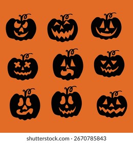 Collection of Vector Halloween Pumpkin Silhouettes on Orange