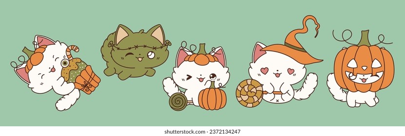 Collection of Vector Halloween Ragdoll Cat Art. Set of Isolated Halloween Kitty Illustration. 