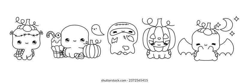 Collection of Vector Halloween Tortoise Outline. Set of Isolated Halloween Animal Coloring Page. 