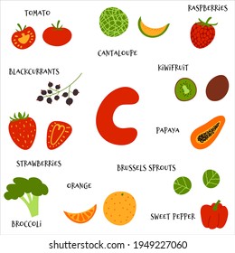 Collection Of Vector Hand Draw Fruit And Veggies Rich In Ascorbic Acid. Food Sources Infographic Of Vitamin C For Vegan In Cartoon Flat Style