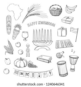 Collection of vector hand drawings kwanzaa. Symbols and attributes of a holiday on a white background
