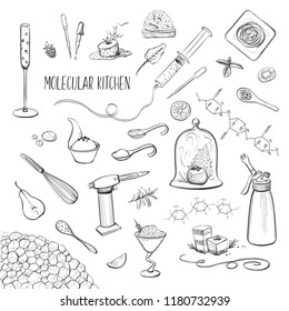 Collection of vector hand drawings of molecular kitchen, isolated sketches on white background
