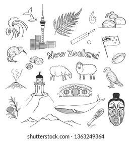 Collection of vector hand drawings New Zealand. Isolated sketches on white background