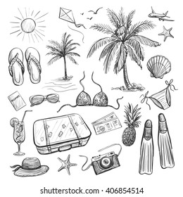 
Collection of vector hand drawings of vacation at sea. Isolated sketch on white background