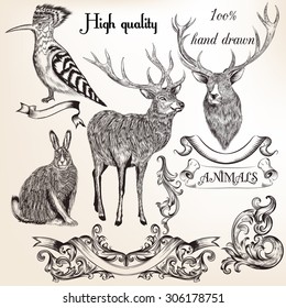 Collection of vector hand drawn animals in engraved style