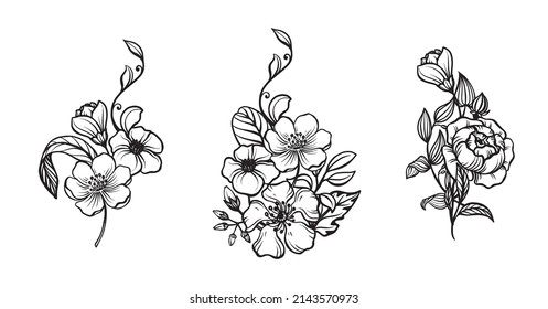 Colección de arreglos con flores y hojas dibujadas a mano vectorial. Conjunto floral romántico.