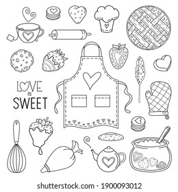 Collection of vector hand drawn baking theme illustrations. Cute outline set of desserts and kitchen equipment elements isolated on white background.For card, background, print, poster, fabric, banner