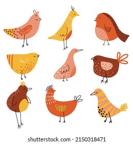 Collection of vector hand drawn birds. Cartoon set. Colorful bird for package, wrapping paper, icon, banner, logo, print, card, gift, fabric, web, label, advertising, card, fabric.
