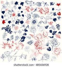 Collection of vector hand drawn botanic elements leafs, roses, flowers and many other in realistic vintage engraved style
