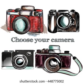 A collection of vector hand drawn cameras in retro style