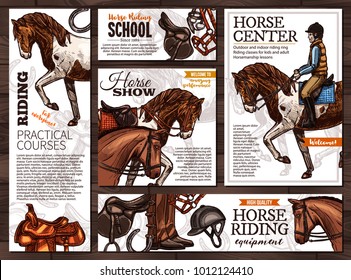 Collection of vector hand drawn cards for horse riding, school, lessons, equestrian club or academy, horseback equipment. Posters and banners with sketch illustrations with typography