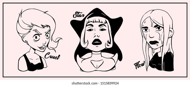 Collection of vector hand drawn cartoon girls. Vintage style. Sketch