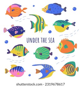 Collection of vector hand drawn cartoon fishes in flat style. Set of  aquarium cute fish. Vector illustration of different kinds of fish, isolated design elements on white.