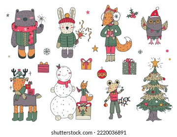 Collection of vector hand drawn Christmas funny animals