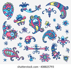Collection of vector hand drawn colorful kawaii decorative elements. Oriental floral patterns, Turkish cucumber concept for your design
