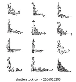 Collection of vector hand drawn corners for design frames, invitations, greeting cards. Romantic set