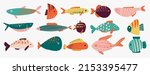 Collection of vector hand drawn cute fishes in flat style. Fishes body vector icons big set. Vector illustration for icon, logo, print, icon, card, emblem, label. Aquarium.