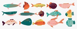 Collection Of Vector Hand Drawn Cute Fishes In Flat Style. Fishes Body Vector Icons Big Set. Vector Illustration For Icon, Logo, Print, Icon, Card, Emblem, Label. Aquarium.