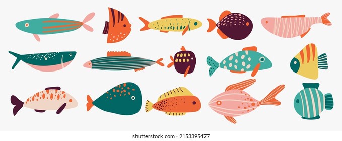 Collection vector hand drawn cute fishes in flat style  Fishes body vector icons big set  Vector illustration for icon  logo  print  icon  card  emblem  label  Aquarium 