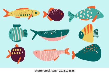 Collection of vector hand drawn cute fishes in flat style. Fishes body, vector icons. Vector illustration for icon, logo, print, icon, card, emblem, label. Aquarium.