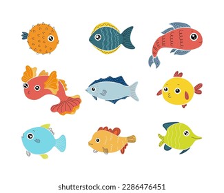 Colección de peces lindos dibujados a mano vectorial en estilo plano. Pesca los iconos de los vectores de cuerpo en conjunto grande. Ilustración vectorial para icono, logotipo, impresión, icono, tarjeta, emblema, etiqueta. Acuario.