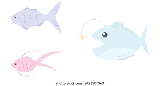 Collection of vector hand drawn cute fishes in flat style. Fishes body vector icons big set. Vector illustration for icon, logo, print, icon, card, emblem, label. Flat vector fish illustration on whit