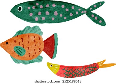 Collection of vector hand drawn cute fishes in flat style. Fishes body vector icons big set. Vector illustration for icon, logo, print, icon, card, emblem, label. Aquarium.