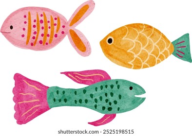 Collection of vector hand drawn cute fishes in flat style. Fishes body vector icons big set. Vector illustration for icon, logo, print, icon, card, emblem, label. Aquarium.