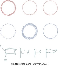 Colección de elementos de decoración de vectores dibujados a mano, incluyendo cintas, divisores, coronas de laurel, marcos y elementos florales. Estilo Doodle